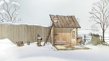 Movie still from “The Big Bad Fox and Other Tales” (2017), directed by Patrick Imbert – An illustration of a house in the middle of a snowy field; Extreme Wide shot, High angle