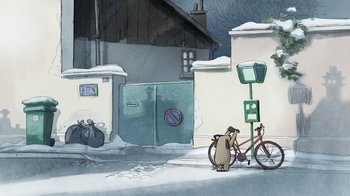 Movie still from “The Big Bad Fox and Other Tales” (2017), directed by Patrick Imbert – A painting of a bear standing next to a bicycle; Extreme Wide shot, Over the shoulder angle