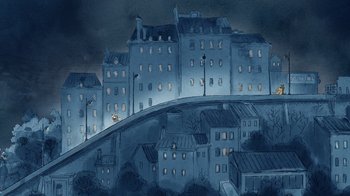 Movie still from “The Big Bad Fox and Other Tales” (2017), directed by Patrick Imbert – An illustration of a city at night with lights on buildings; Extreme Wide shot, High angle