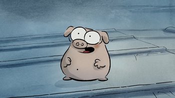 Movie still from “The Big Bad Fox and Other Tales” (2017), directed by Patrick Imbert – A cartoon pig standing on some steps with big eyes; Close Up shot, Overhead angle