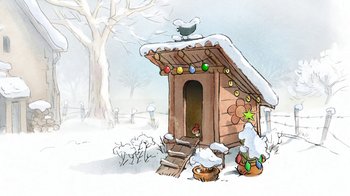 Movie still from “The Big Bad Fox and Other Tales” (2017), directed by Patrick Imbert – An illustration of a house in the middle of a snowy field; Extreme Wide shot, Low angle