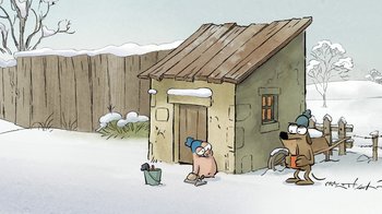 Movie still from “The Big Bad Fox and Other Tales” (2017), directed by Patrick Imbert – A dog is standing in the snow near a building; Wide shot, High angle