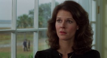 Movie still from “The Big Chill” (1983), directed by Lawrence Kasdan – A person wearing a black shirt near a window; Close Up shot, Over the shoulder angle