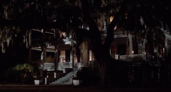 Movie still from “The Big Chill” (1983), directed by Lawrence Kasdan – A large tree in front of a house at night; Extreme Wide shot, Low angle