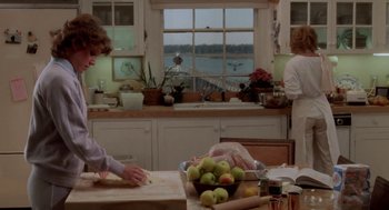 Movie still from “The Big Chill” (1983), directed by Lawrence Kasdan – Two people in a kitchen preparing food in front of a window; Medium shot, Over the shoulder angle