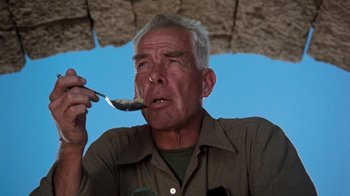 Movie still from “The Big Red One” (1980), directed by Samuel Fuller – An older man is eating something under an umbrella; Close Up shot, Low angle