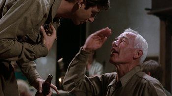 Movie still from “The Big Red One” (1980), directed by Samuel Fuller – Two men are fighting over a bottle of beer; Close Up shot, Over the shoulder angle