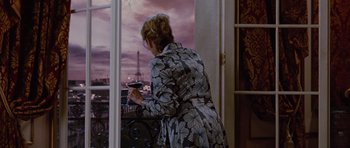 Movie still from “The Big Year” (2011), directed by David Frankel – A woman standing in front of a window holding a wine glass; Medium shot, High angle
