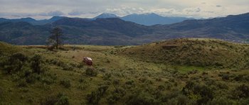 Movie still from “The Big Year” (2011), directed by David Frankel – A red truck is parked in the middle of a grassy field; Extreme Wide shot, High angle