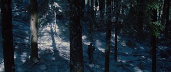 Movie still from “The Big Year” (2011), directed by David Frankel – A person walking in the snow near some trees; Extreme Wide shot, High angle