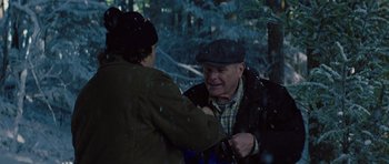 Movie still from “The Big Year” (2011), directed by David Frankel – An older man and a younger man in the snow; Medium shot, Over the shoulder angle