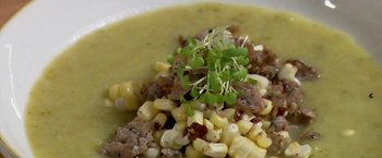 Movie still from “The Biggest Little Farm” (2018), directed by John Chester – A bowl of food with corn and meat; Extreme Close Up shot, Overhead angle