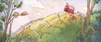 Movie still from “The Biggest Little Farm” (2018), directed by John Chester – An artistic drawing of a barn on a hill; Extreme Wide shot, Low angle