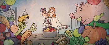 Movie still from “The Biggest Little Farm” (2018), directed by John Chester – A woman and a boy cooking food in a pot; Medium shot, Overhead angle