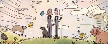 Movie still from “The Biggest Little Farm” (2018), directed by John Chester – Two people and a dog are holding hands in a field; Medium shot, Overhead angle