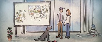 Movie still from “The Biggest Little Farm” (2018), directed by John Chester – Two people standing in front of a drawing of a dog; Wide shot, High angle