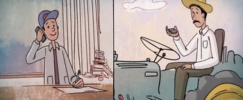 Movie still from “The Biggest Little Farm” (2018), directed by John Chester – A drawing of a room with a television set and books on the floor; Medium shot, Low angle