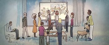 Movie still from “The Biggest Little Farm” (2018), directed by John Chester – A group of people standing in front of a whiteboard; Wide shot, High angle