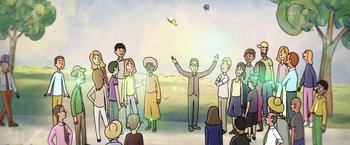 Movie still from “The Biggest Little Farm” (2018), directed by John Chester – A group of people standing in front of each other; Wide shot, High angle