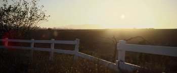 Movie still from “The Biggest Little Farm” (2018), directed by John Chester – The sun is setting over a field with a white fence; Extreme Wide shot, Low angle