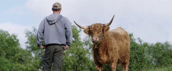 Movie still from “The Biggest Little Farm” (2018), directed by John Chester – A man standing next to a brown bull; Wide shot, Low angle