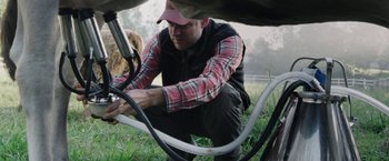 Movie still from “The Biggest Little Farm” (2018), directed by John Chester – A man kneeling down next to a cow; Close Up shot, Low angle