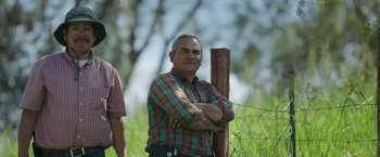Movie still from “The Biggest Little Farm” (2018), directed by John Chester – A man standing next to a wooden post; Medium shot, Low angle