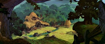 Movie still from “The Black Cauldron” (1985), directed by Ted Berman – An artistic painting of a village in the middle of a forest; Extreme Wide shot, High angle