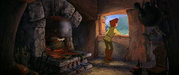 Movie still from “The Black Cauldron” (1985), directed by Ted Berman – A man standing next to an open window in a room; Wide shot, High angle
