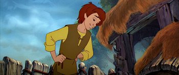 Movie still from “The Black Cauldron” (1985), directed by Ted Berman – A cartoon picture of a woman and a bear; Medium shot, Low angle
