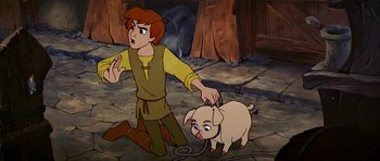 Movie still from “The Black Cauldron” (1985), directed by Ted Berman – A cartoon of a man and a pig; Medium shot, High angle