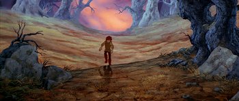 Movie still from “The Black Cauldron” (1985), directed by Ted Berman – A painting of a person walking in a field; Wide shot, High angle