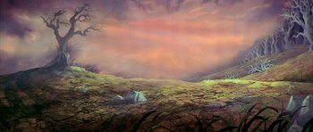 Movie still from “The Black Cauldron” (1985), directed by Ted Berman – A painting of a barren landscape with a cloudy sky in the background; Extreme Wide shot, High angle