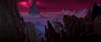 Movie still from “The Black Cauldron” (1985), directed by Ted Berman – A painting of a man standing on top of a mountain; Extreme Wide shot, High angle