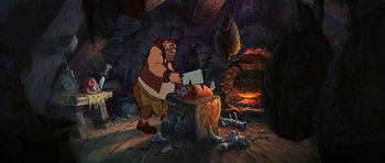Movie still from “The Black Cauldron” (1985), directed by Ted Berman – An image of an animated character chopping wood; Wide shot, High angle
