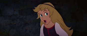 Movie still from “The Black Cauldron” (1985), directed by Ted Berman – A blonde haired girl with a surprised look on her face; Close Up shot, High angle