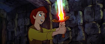Movie still from “The Black Cauldron” (1985), directed by Ted Berman – A man holding a sword in front of a stone wall; Medium shot, Over the shoulder angle