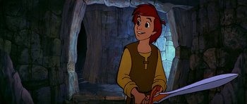 Movie still from “The Black Cauldron” (1985), directed by Ted Berman – A cartoon of a man holding a sword in a cave; Medium shot, Over the shoulder angle