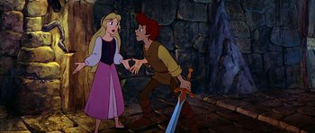 Movie still from “The Black Cauldron” (1985), directed by Ted Berman – A man and a woman holding hands in front of a stone wall; Medium shot, Over the shoulder angle