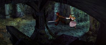 Movie still from “The Black Cauldron” (1985), directed by Ted Berman – A couple of people are running through a forest; Wide shot, High angle