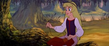 Movie still from “The Black Cauldron” (1985), directed by Ted Berman – A woman is knitting in front of a tree; Medium shot, High angle