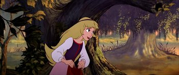 Movie still from “The Black Cauldron” (1985), directed by Ted Berman – A cartoon of a woman in front of a tree; Wide shot, High angle