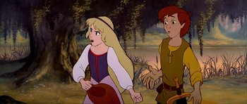 Movie still from “The Black Cauldron” (1985), directed by Ted Berman – A couple of people that are standing in the grass; Medium shot, Over the shoulder angle
