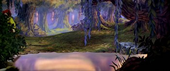 Movie still from “The Black Cauldron” (1985), directed by Ted Berman – A painting of a forest with trees and a lake; Extreme Wide shot, Over the shoulder angle