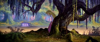 Movie still from “The Black Cauldron” (1985), directed by Ted Berman – A woman standing next to a tree in a forest; Wide shot, Over the shoulder angle