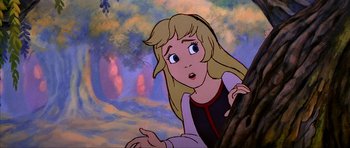 Movie still from “The Black Cauldron” (1985), directed by Ted Berman – A cartoon of a woman looking surprised; Medium shot, Low angle
