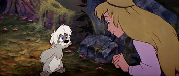 Movie still from “The Black Cauldron” (1985), directed by Ted Berman – A woman and a white dog in a forest; Medium shot, Over the shoulder angle