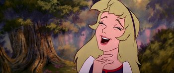 Movie still from “The Black Cauldron” (1985), directed by Ted Berman – A cartoon picture of a blonde woman laughing; Close Up shot, Over the shoulder angle