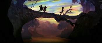 Movie still from “The Black Cauldron” (1985), directed by Ted Berman – A painting of two people standing on top of a tree branch; Wide shot, Low angle