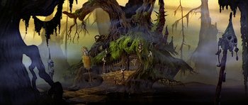 Movie still from “The Black Cauldron” (1985), directed by Ted Berman – An artistic painting of a tree with a house in the middle of it; Extreme Wide shot, High angle